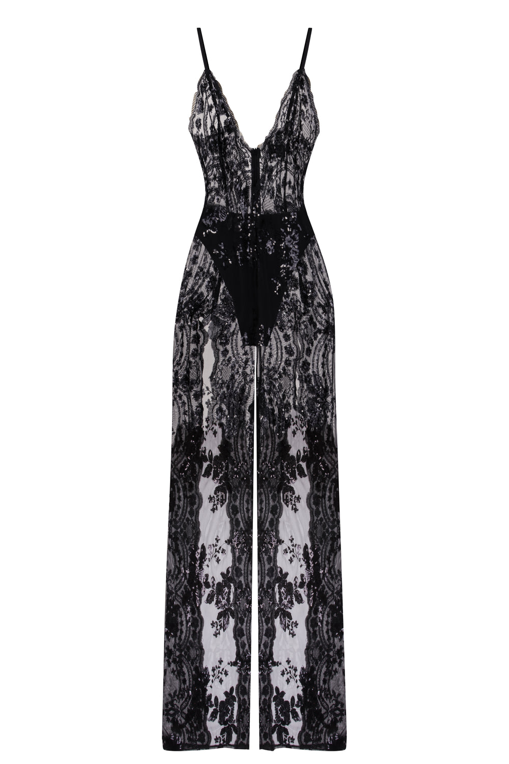 Game Changer Black Sheer Floral Sequin Palazzo Split Jumpsuit