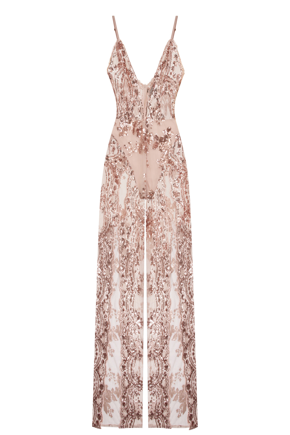 Game Changer Rose Gold Nude Sheer Floral Sequin Palazzo Split Jumpsuit