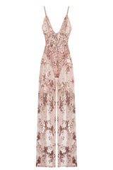 Game Changer Rose Gold Nude Sheer Floral Sequin Palazzo Split Jumpsuit