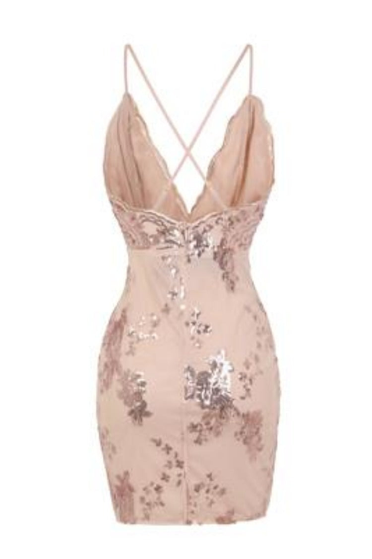 No Limit Rose Gold Nude Plunge Floral Sequin Double Thigh Slit Mini Dress