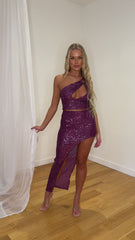 Mariah Purple Sequin Mermaid One Shoulder Cut Out Slit Skirt Two Piece Co ord Set