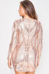 Hilton Luxe Rose Gold Nude Cage Sequin Bandage Illusion Dress