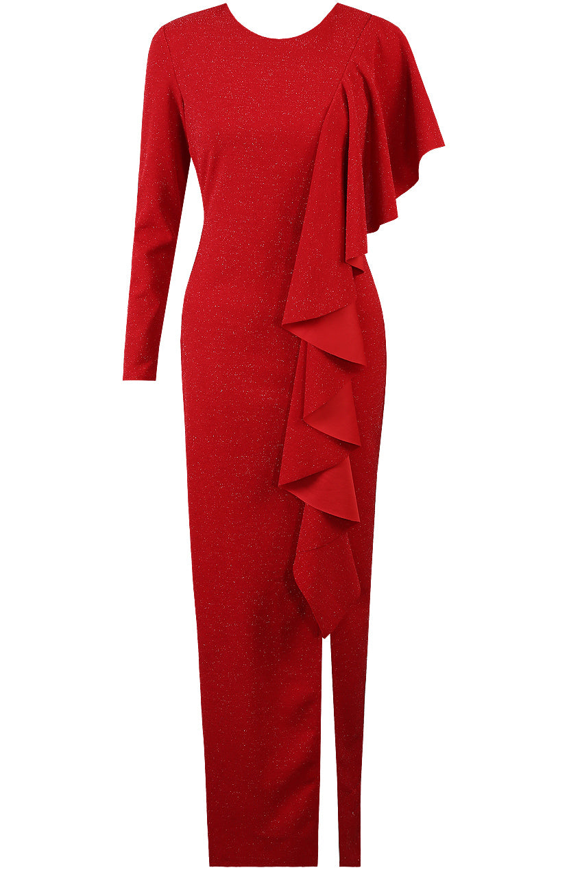 Nikki Red Glitter Lurex Frill Ruffle Split Slinky Maxi Dress