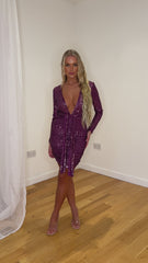 Molly Purple Deep V Neck Long sleeve Front Tie Wrap Glitter Sequin Mini Dress