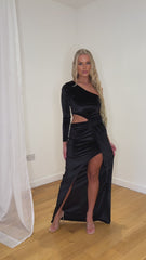 Rianna Black High Neck Velvet Ruched Detail One Sleeve Slit Maxi Dress