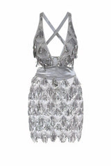 Holly Glam Silver Grey Ombre Sequin Tassel Fringe Sheer Dress