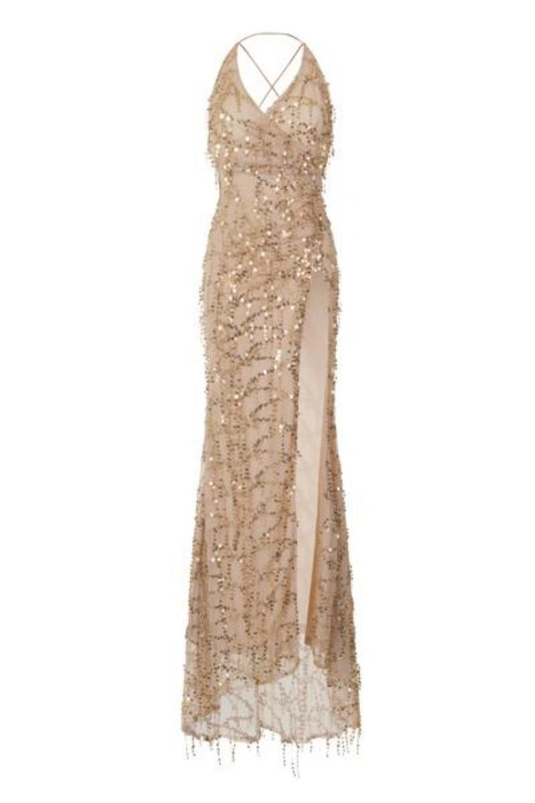 Siren Nude Plunge Gold Sequin Tassel Fringe Thigh Slit Fishtail Dress