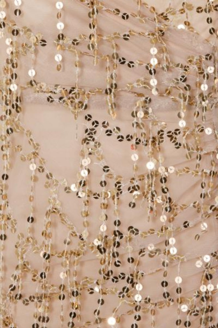 Siren Nude Plunge Gold Sequin Tassel Fringe Thigh Slit Fishtail Dress