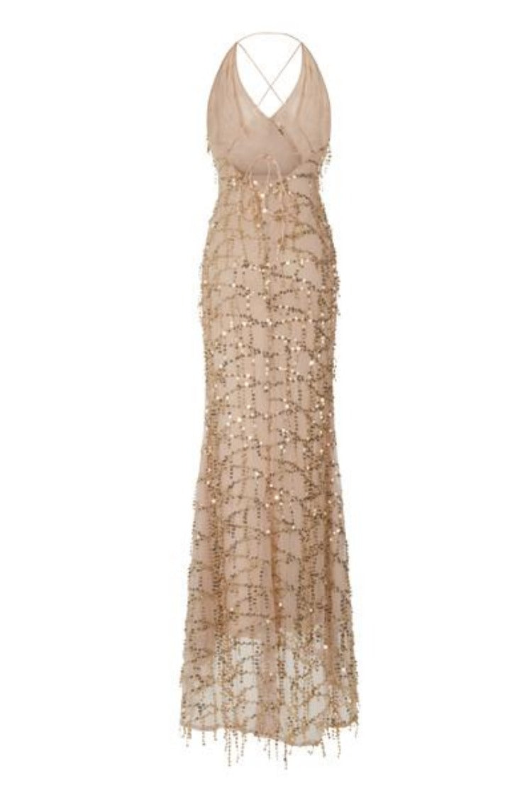 Siren Nude Plunge Gold Sequin Tassel Fringe Thigh Slit Fishtail Dress