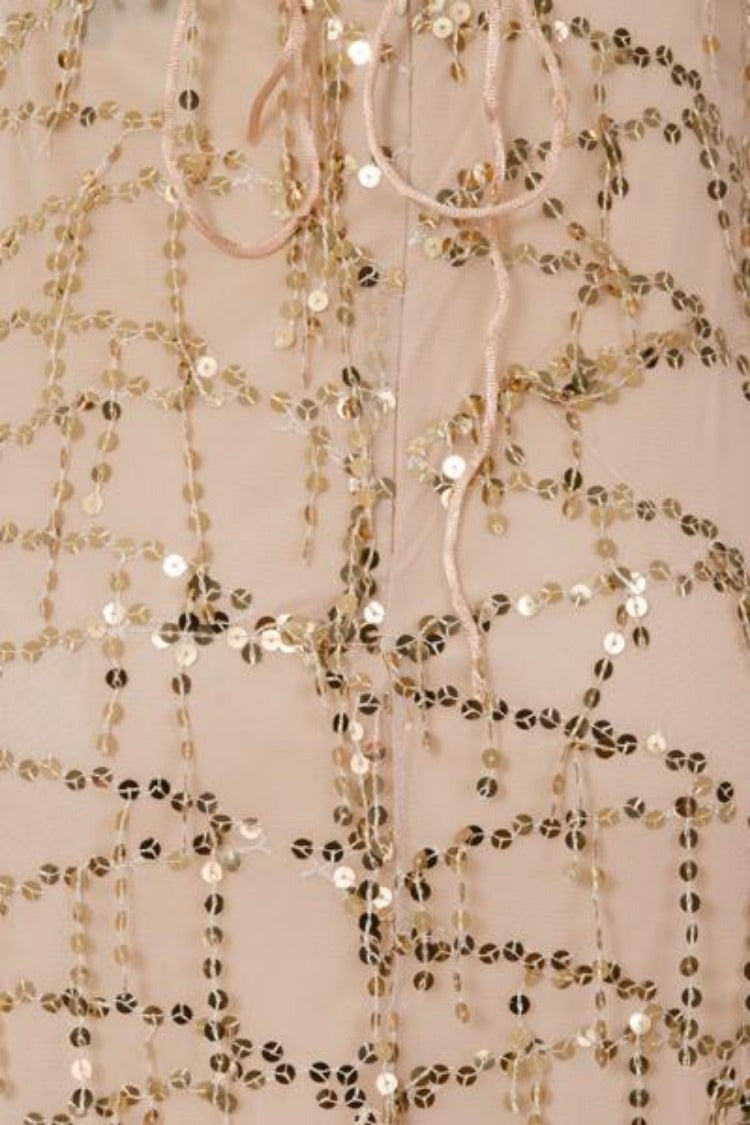 Siren Nude Plunge Gold Sequin Tassel Fringe Thigh Slit Fishtail Dress