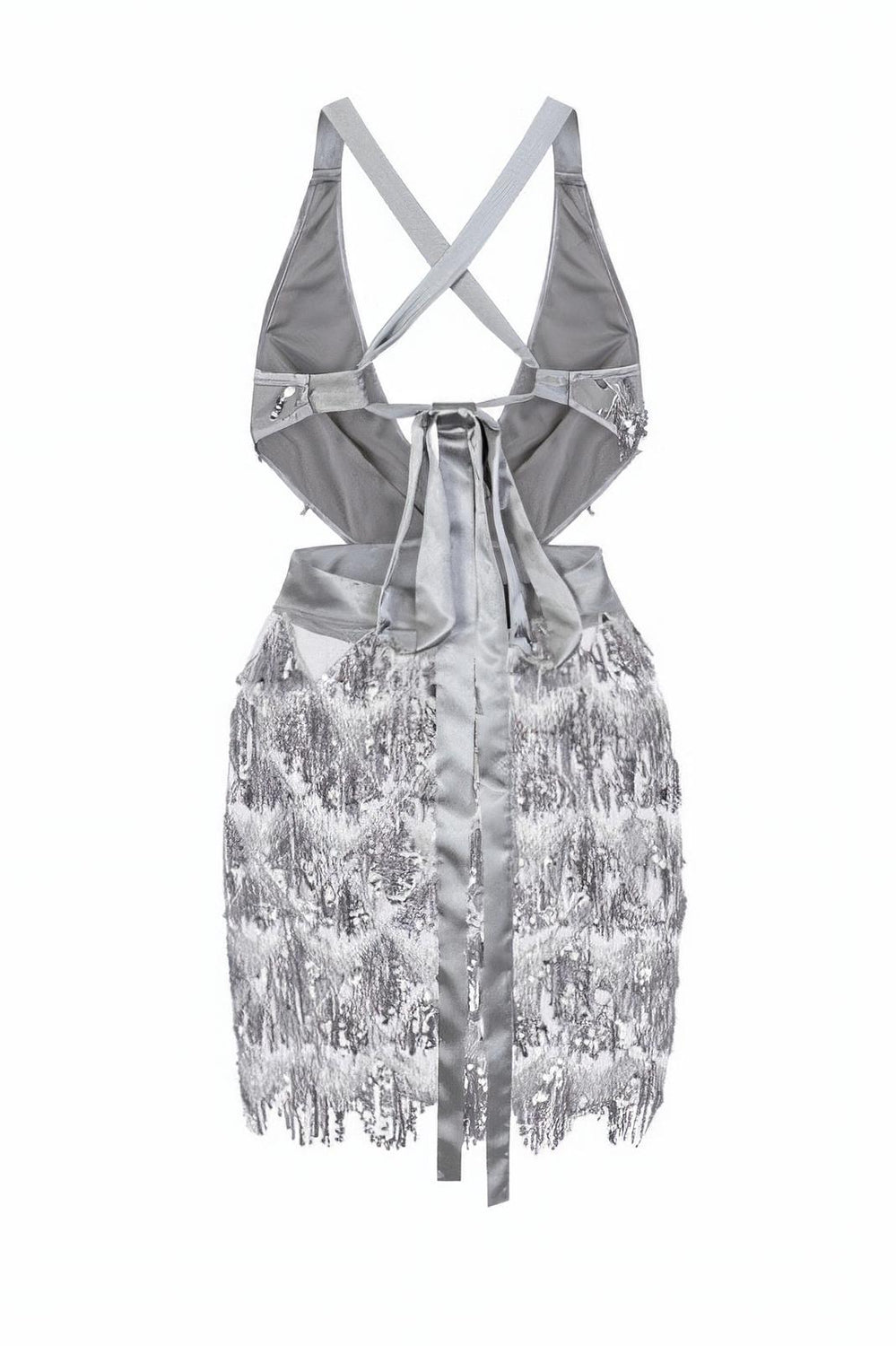Holly Glam Silver Grey Ombre Sequin Tassel Fringe Sheer Dress