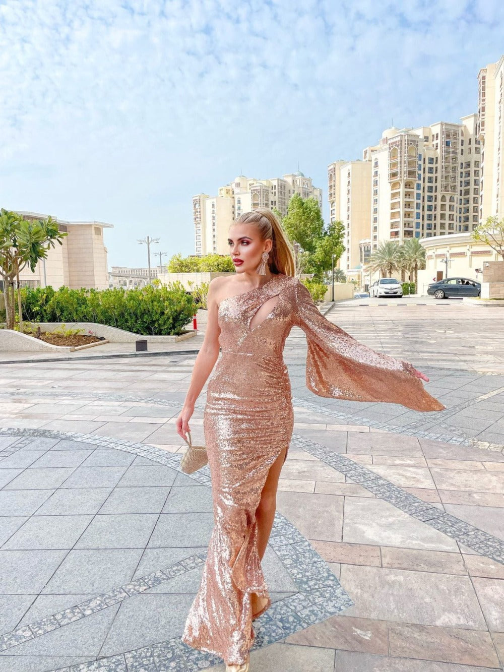 Halo Premium Rose Gold One Shoulder Kimono Sleeve Sequin Slit Maxi Dre Nazz Collection Halo Premium Rose Gold One Shoulder Kimono Sleeve Sequin Slit Maxi Dre Nazz Collection
