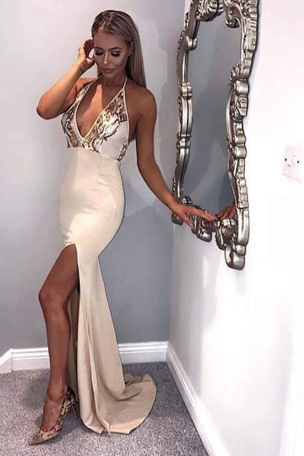 Bombshell Nude Choker Slinky Backless Thigh Slit Fishtail Maxi Dress