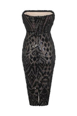 Chic Luxe Black Nude Strapless Sequin Illusion Midi Pencil Dress