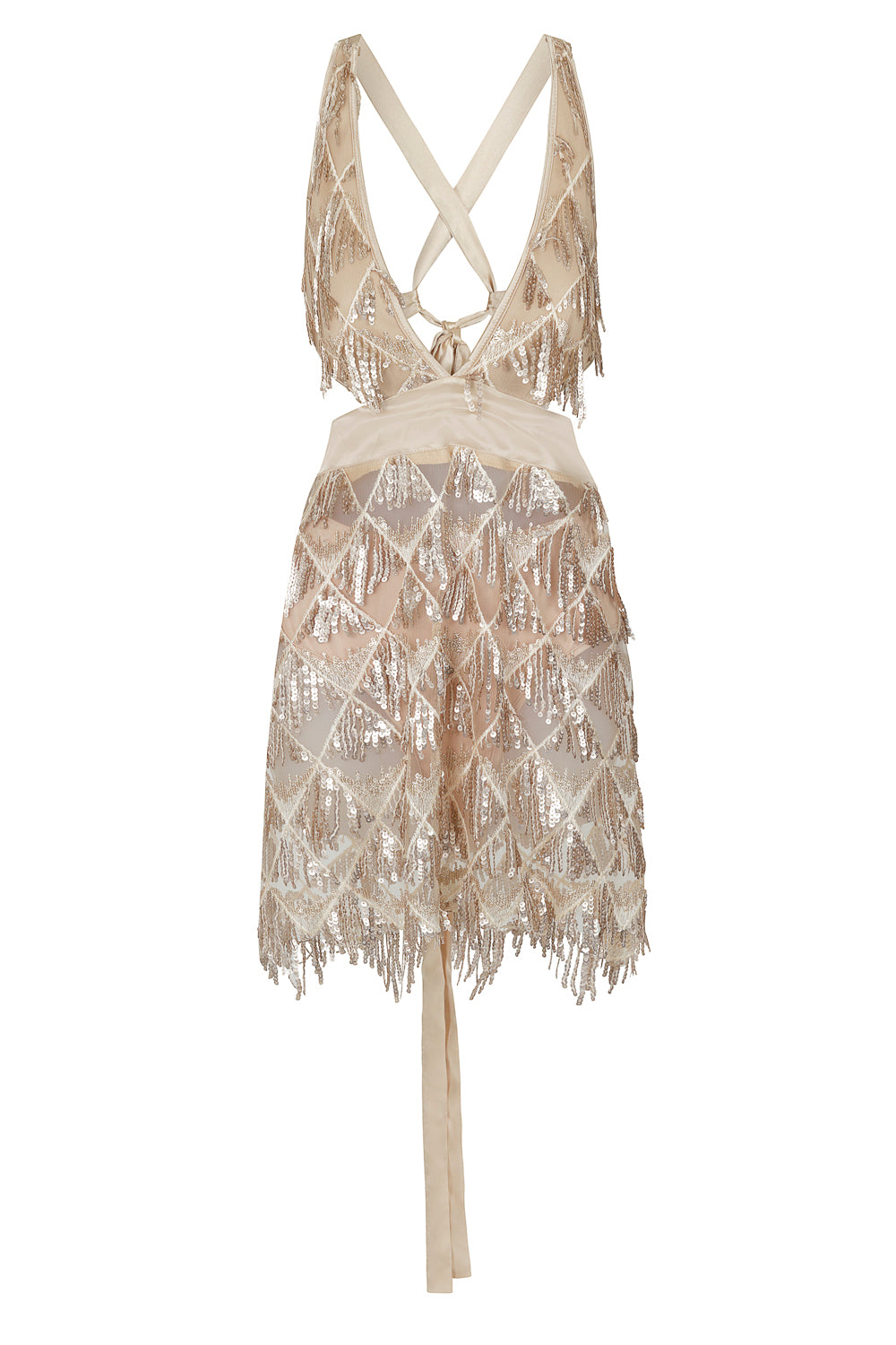 Holly Glam Champagne Gold Ombre Sequin Tassel Fringe Sheer Dress