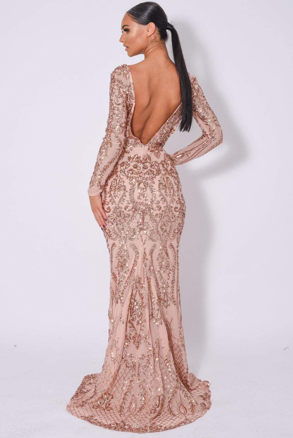 Annabella Rose Gold V Back Floral Plunge Sequin Fishtail Dress