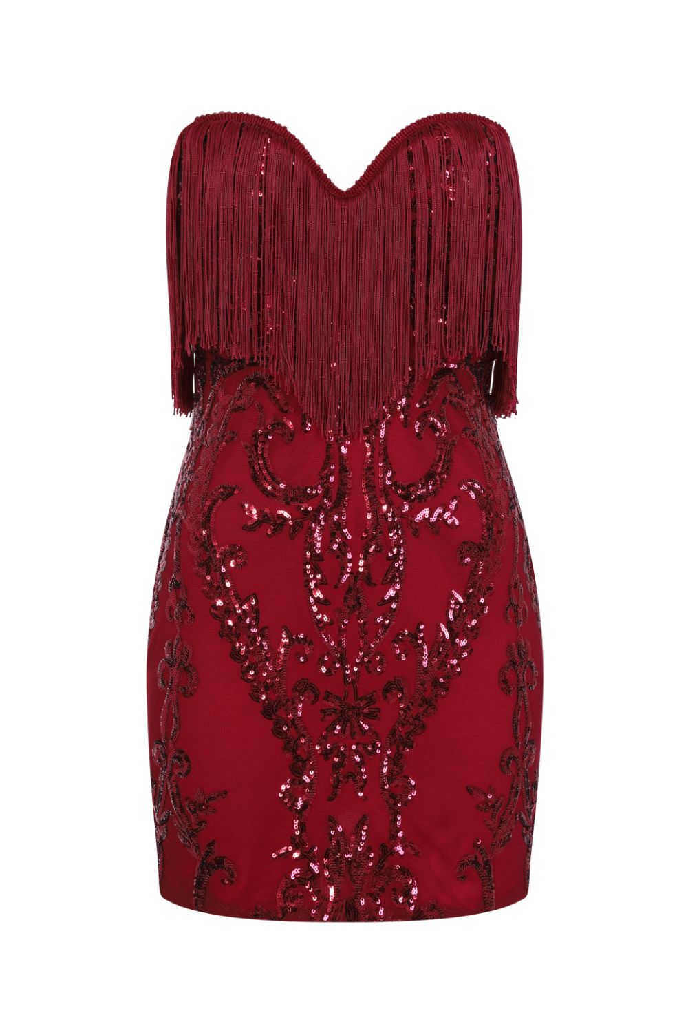 Promises Berry Luxe Sweetheart Tassel Fringe Sequin Bodycon Dress