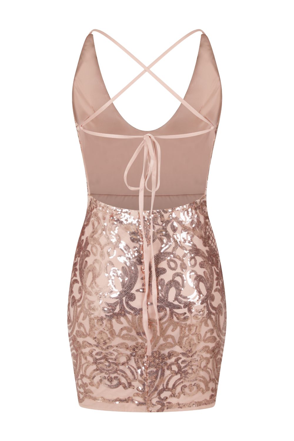 Icey Vip Rose Gold Nude Plunge Floral Sequin Illusion Mini Dress