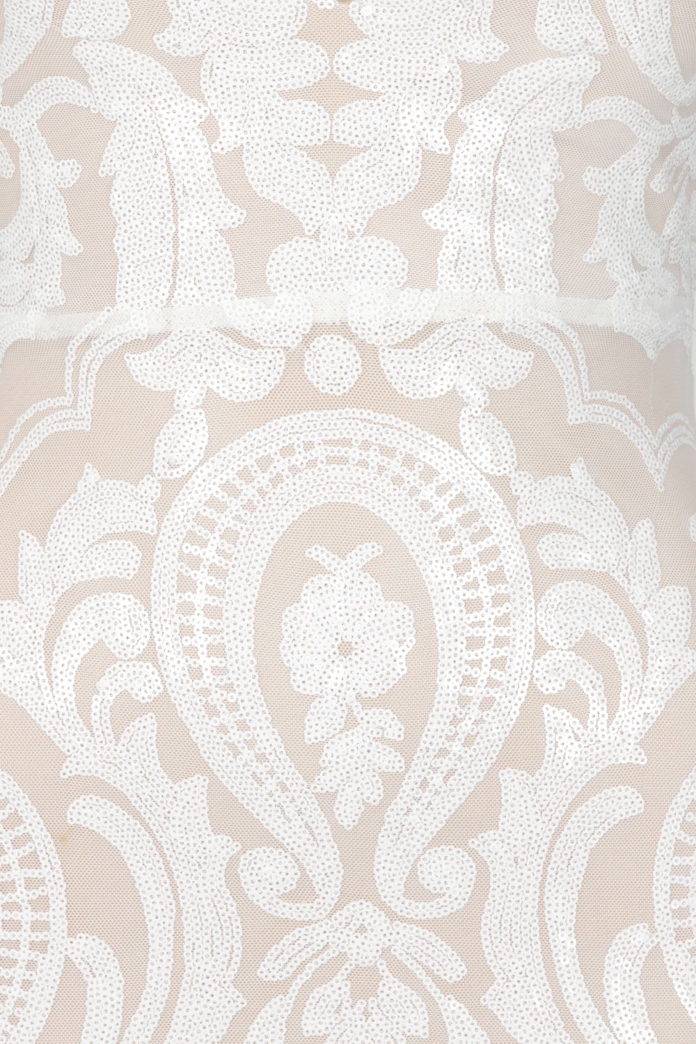 Soho Luxe White Nude Plunge Floral Sequin Brocade Illusion Dress