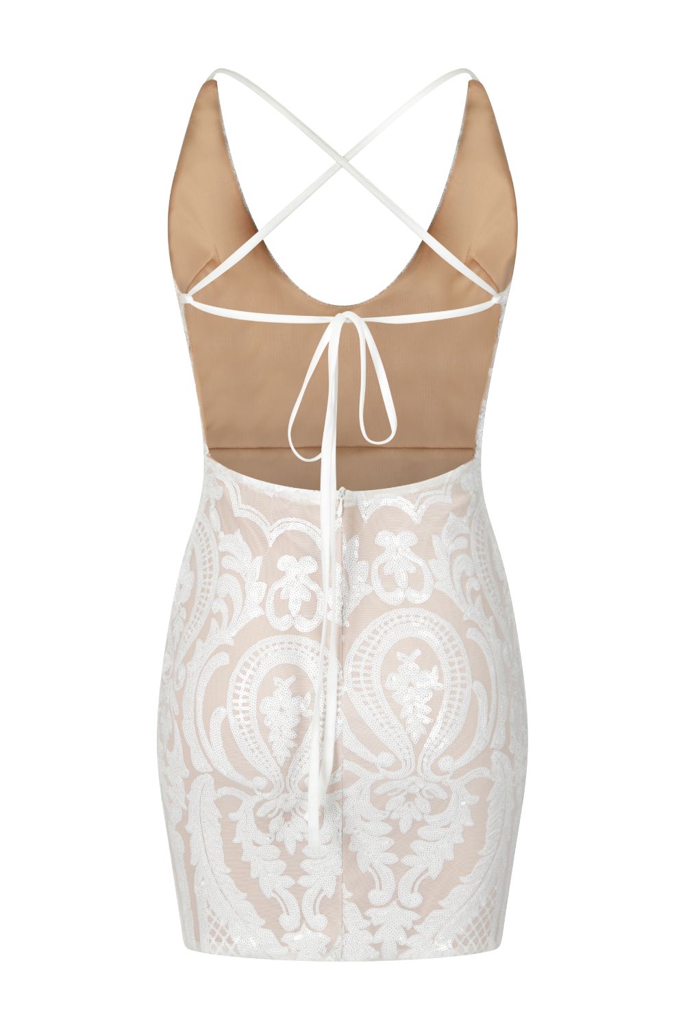 Soho Luxe White Nude Plunge Floral Sequin Brocade Illusion Dress