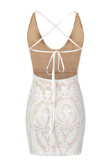 Soho Luxe White Nude Plunge Floral Sequin Brocade Illusion Dress