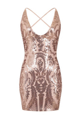 Soho Luxe Rose Gold Plunge Floral Sequin Brocade Illusion Dress