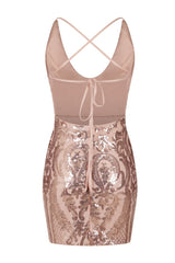 Soho Luxe Rose Gold Plunge Floral Sequin Brocade Illusion Dress