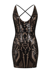 Soho Luxe Black Nude Plunge Floral Sequin Brocade Illusion Dress