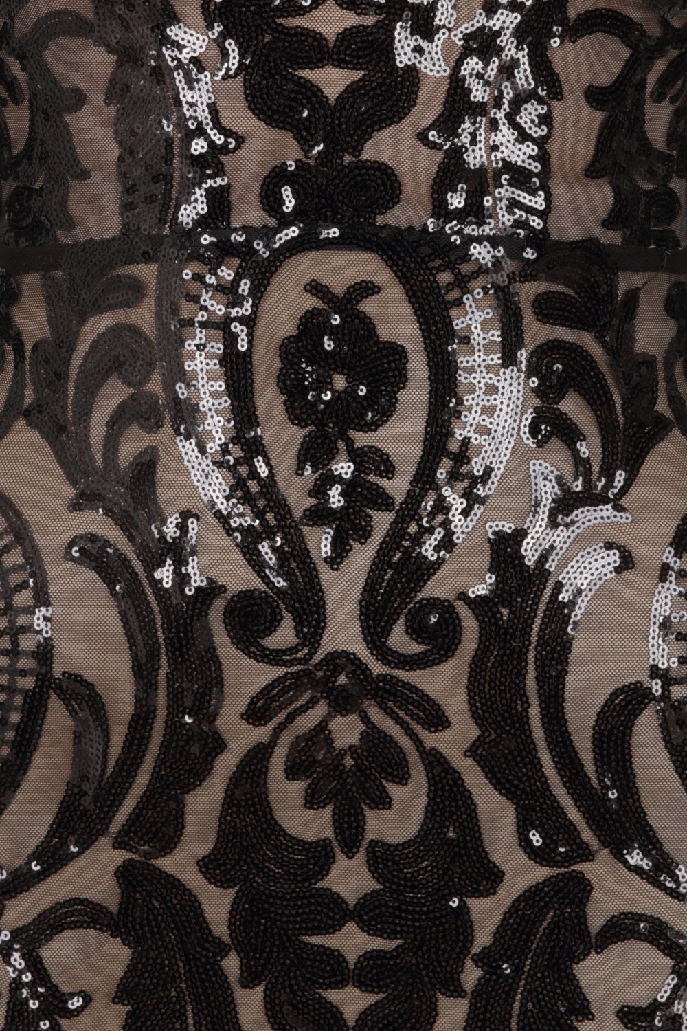 Soho Luxe Black Nude Plunge Floral Sequin Brocade Illusion Dress