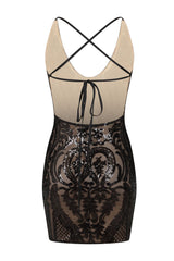 Soho Luxe Black Nude Plunge Floral Sequin Brocade Illusion Dress