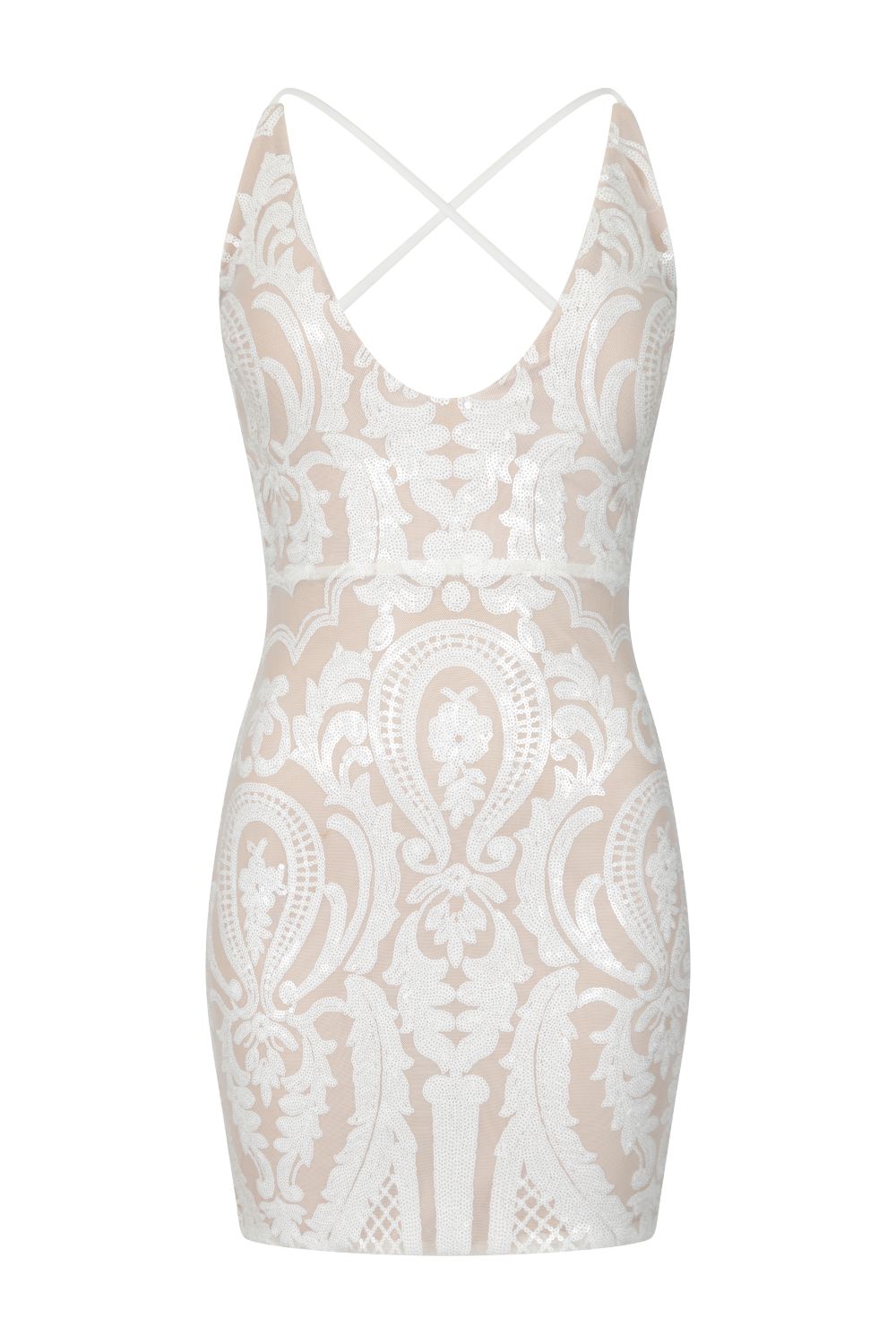 Soho Luxe White Nude Plunge Floral Sequin Brocade Illusion Dress