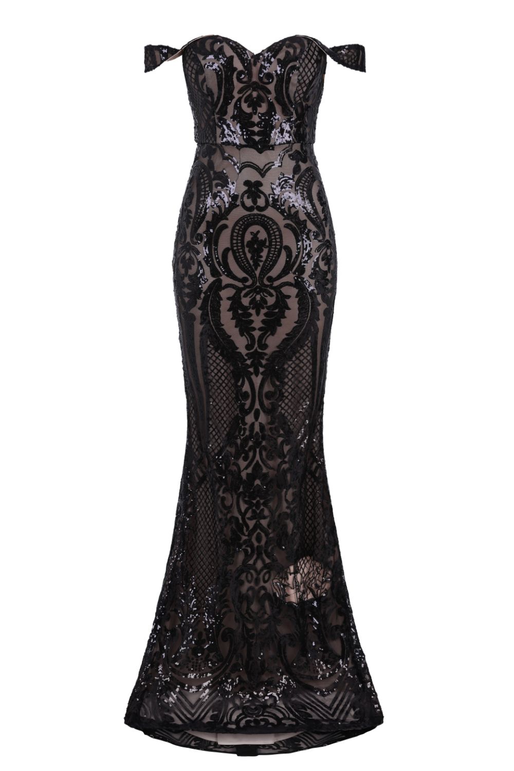 Layali Black Nude Bardot Sweetheart Sequin Embellished Maxi Fishtail Dress