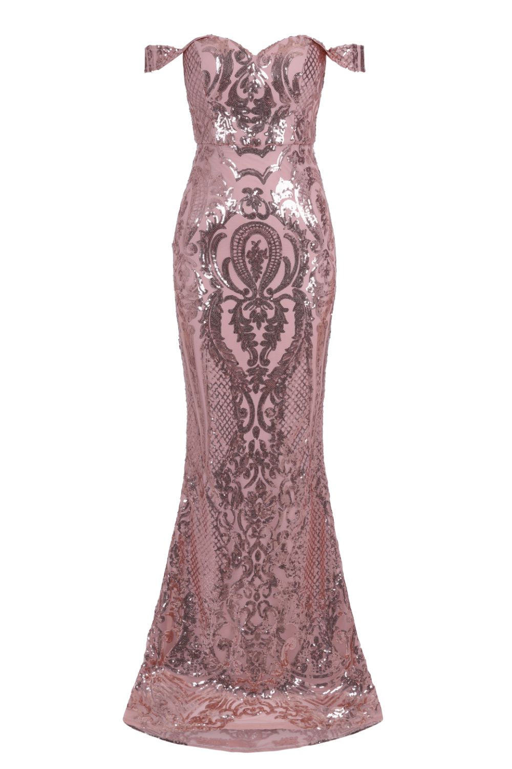 Layali Rose Gold Bardot Sweetheart Sequin Embellished Maxi Fishtail Dress