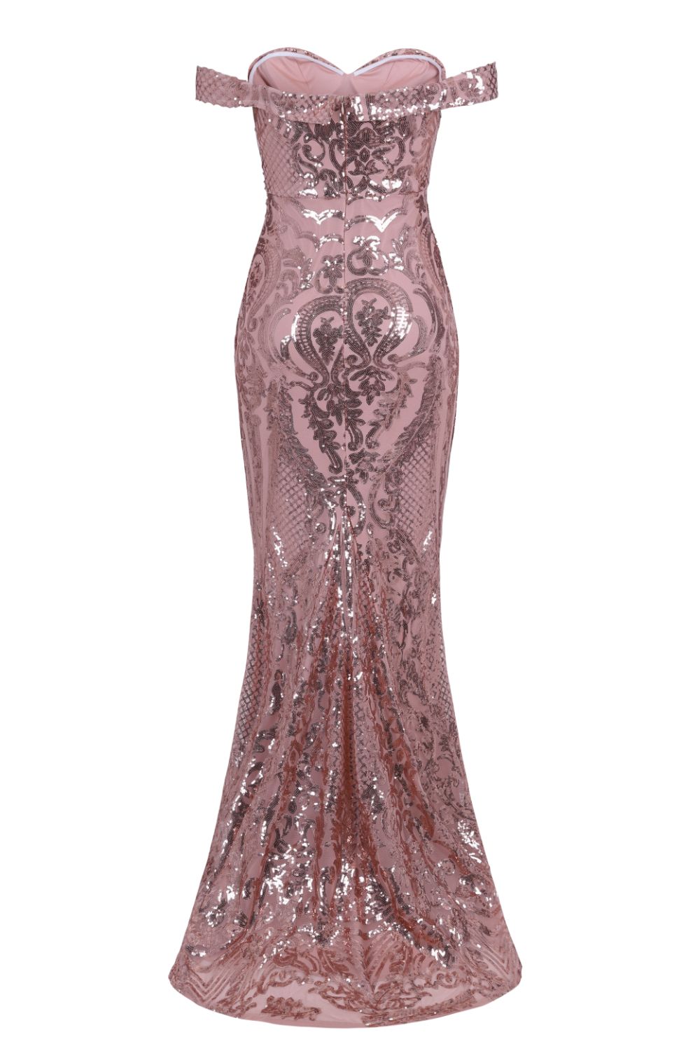 Layali Rose Gold Bardot Sweetheart Sequin Embellished Maxi Fishtail Dress