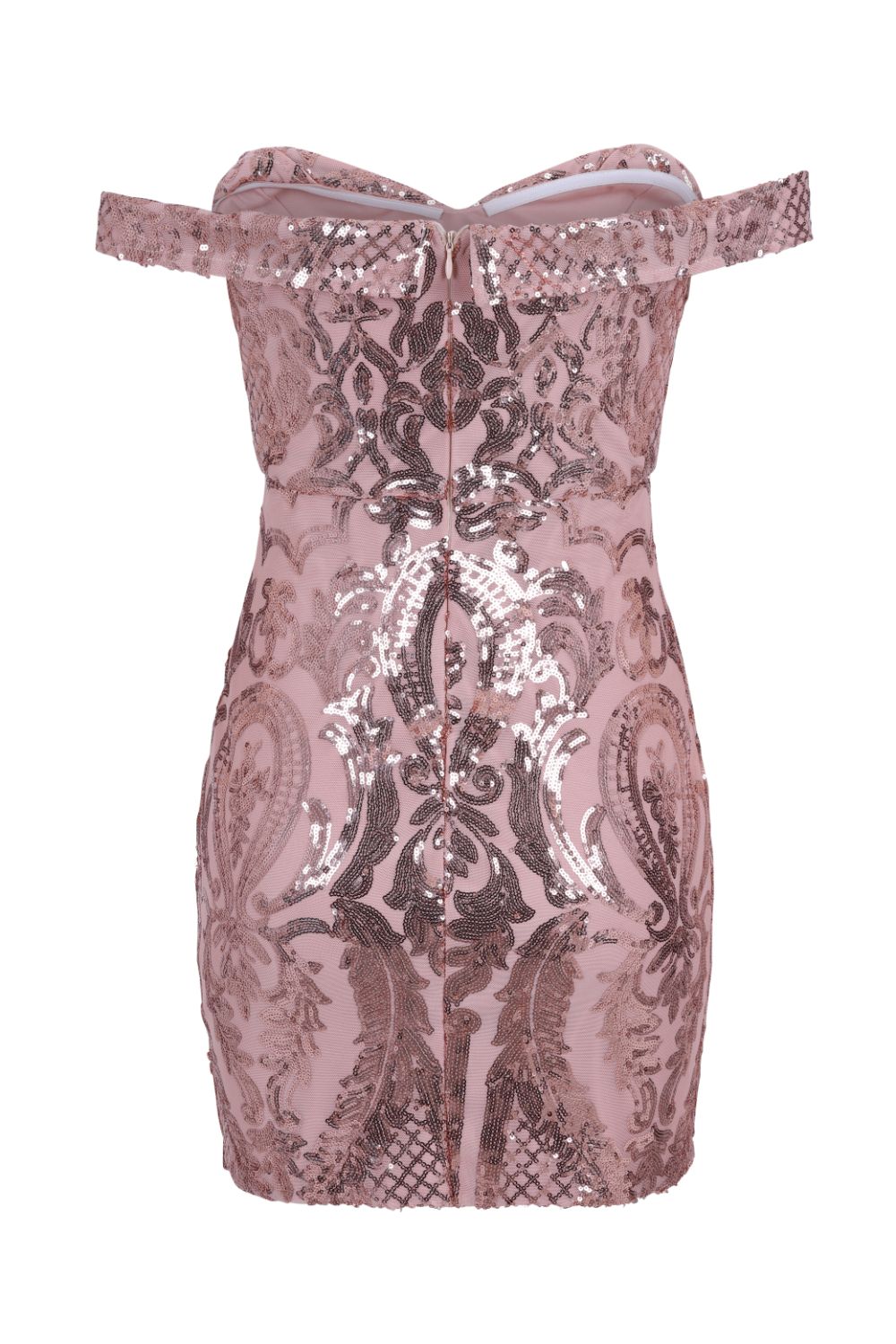 Alexiya Rose Gold Bardot Sweetheart Sequin Embellished Illusion Dress