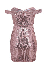Alexiya Rose Gold Bardot Sweetheart Sequin Embellished Illusion Dress