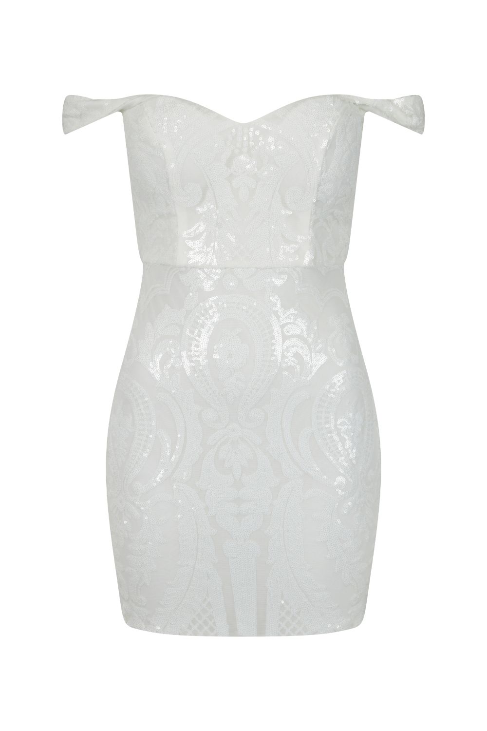 Alexiya White Bardot Sweetheart Sequin Embellished Illusion Dress