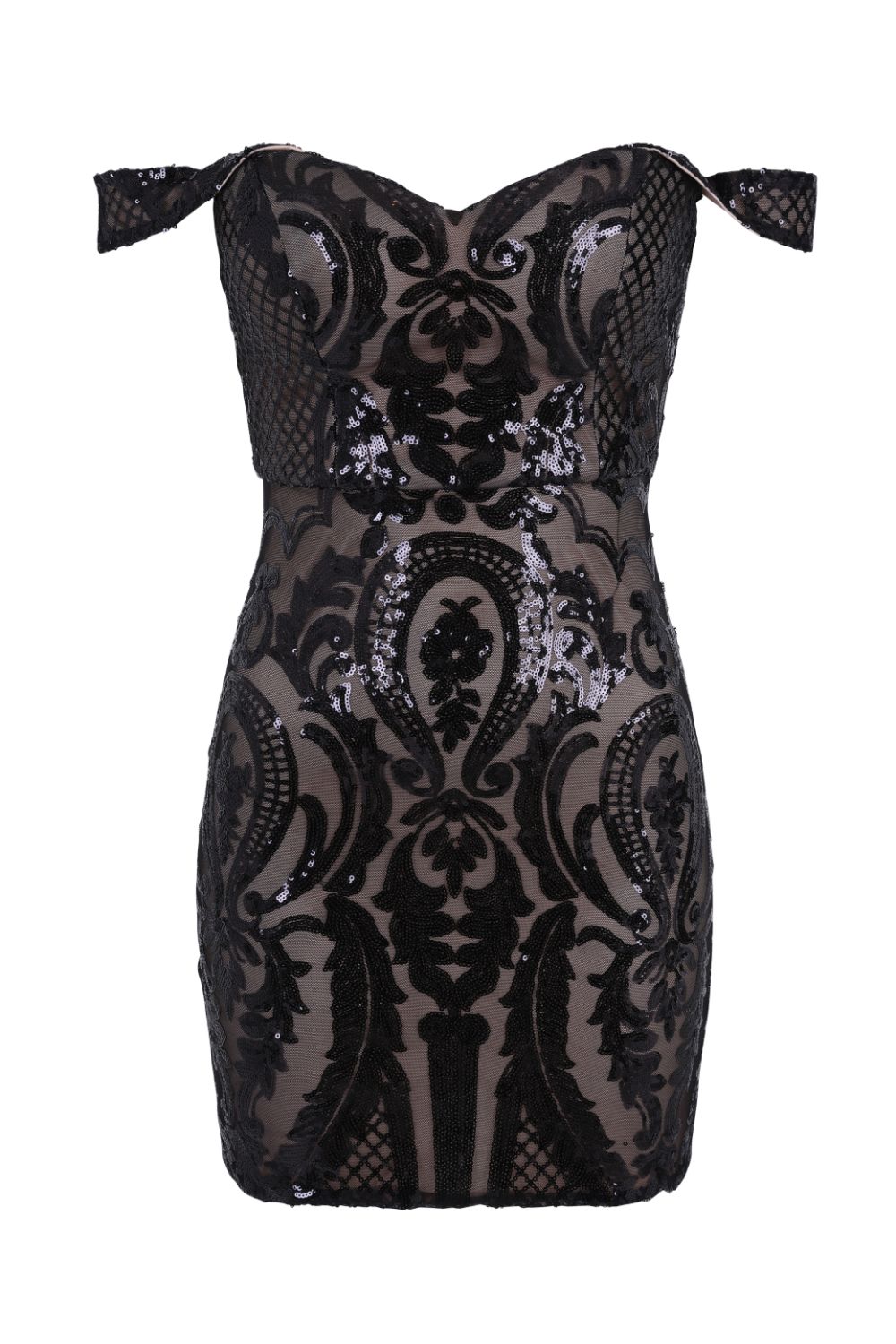 Alexiya Black Nude Bardot Sweetheart Sequin Embellished Illusion Dress