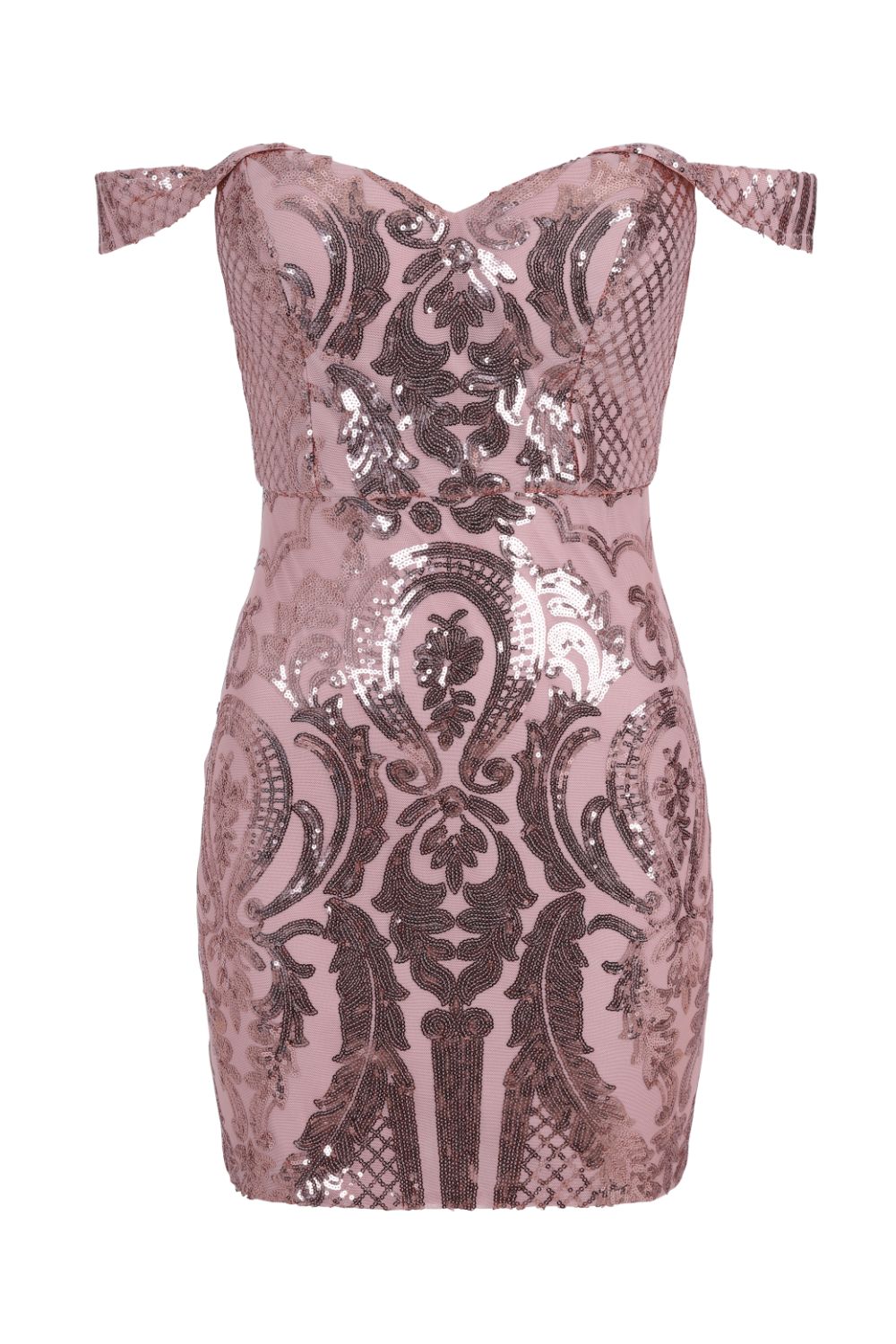 Alexiya Rose Gold Bardot Sweetheart Sequin Embellished Illusion Dress