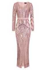 Elite Vip Rose Gold Nude Sequin Illusion Middle Slit Maxi Dress