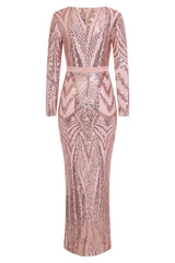 Elite Vip Rose Gold Nude Sequin Illusion Middle Slit Maxi Dress