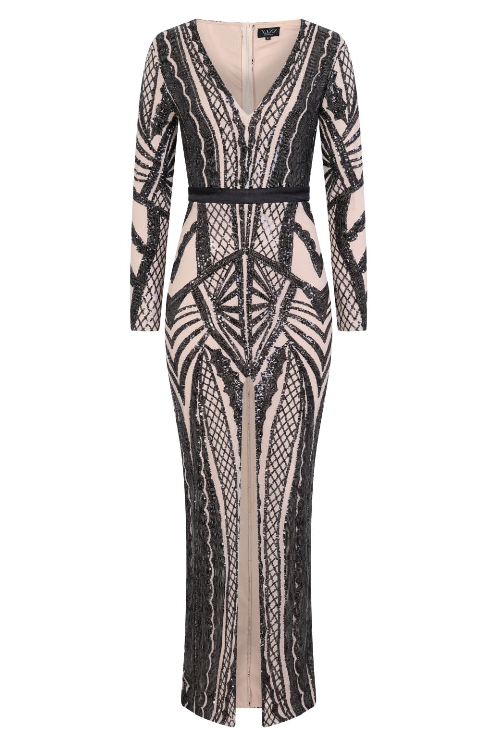 Elite Vip Black Nude Sequin Illusion Middle Slit Maxi Dress