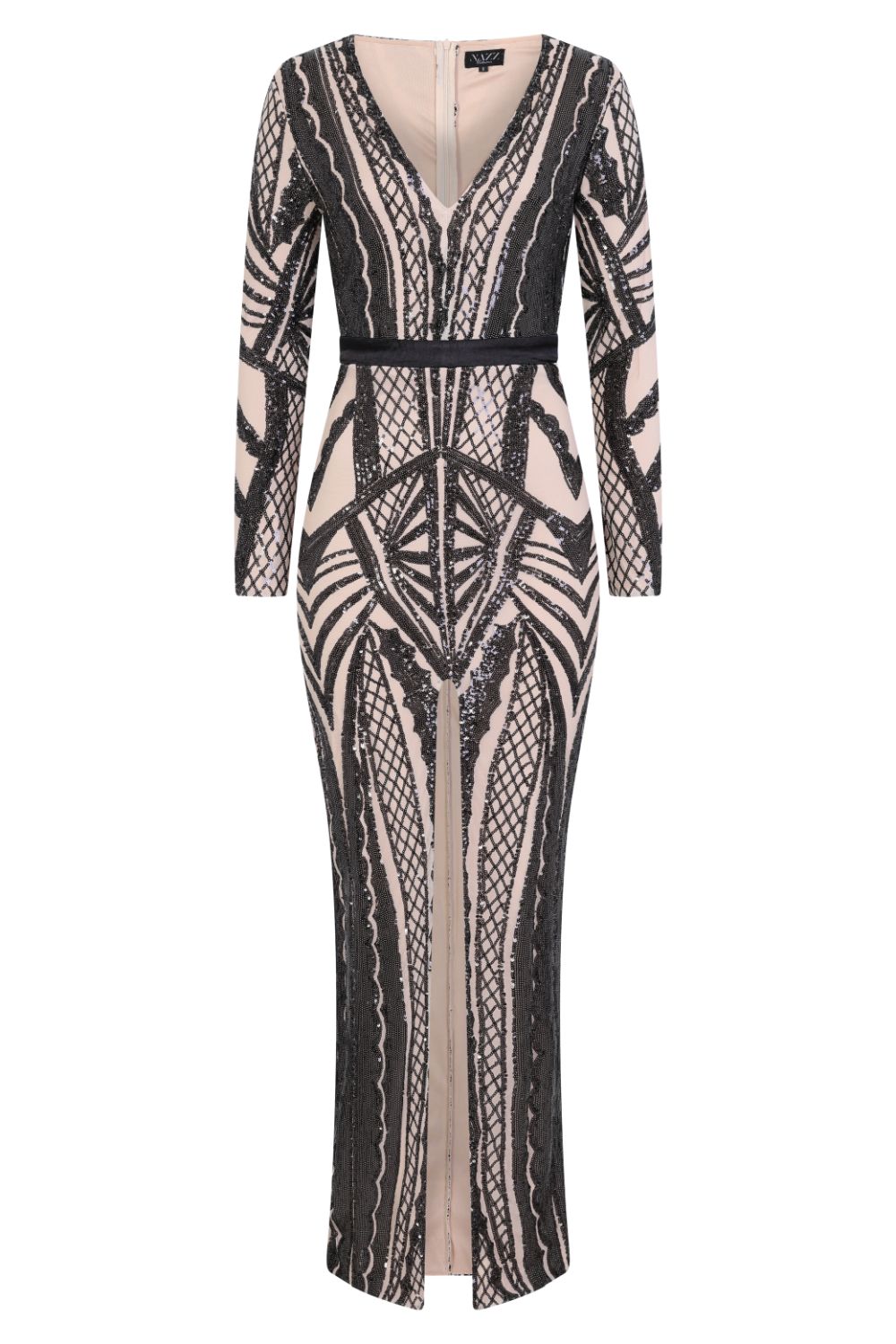 Elite Vip Black Nude Sequin Illusion Middle Slit Maxi Dress