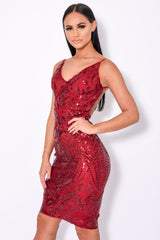 High Shine Luxe Berry Red Sequin Backless Midi Dress
