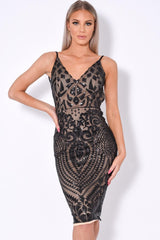 High Shine Luxe Black Nude Sequin Backless Midi Dress