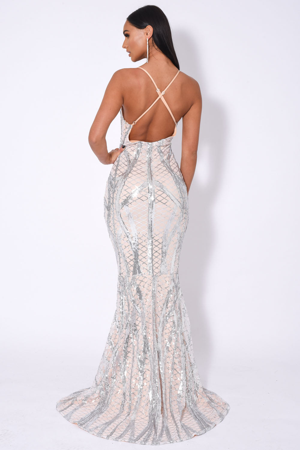 Last Dance Silver Nude Plunge Cage Sequin Bandage Illusion Fishtail Dress
