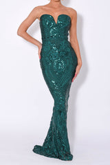 Kenza Green Luxe Sweetheart Plunge Sequin Embellished Fishtail Dress
