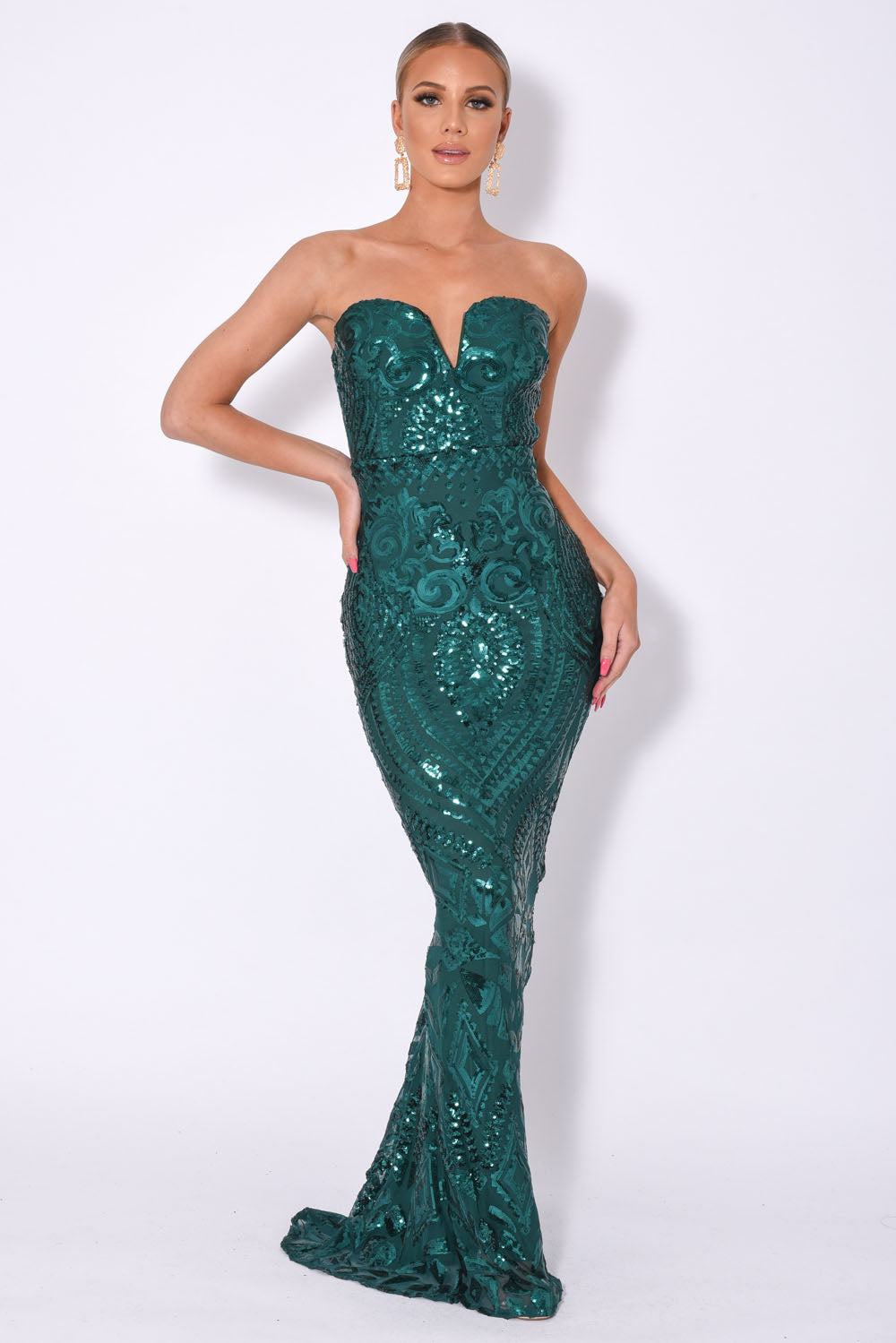 Kenza Green Luxe Sweetheart Plunge Sequin Embellished Fishtail Dress