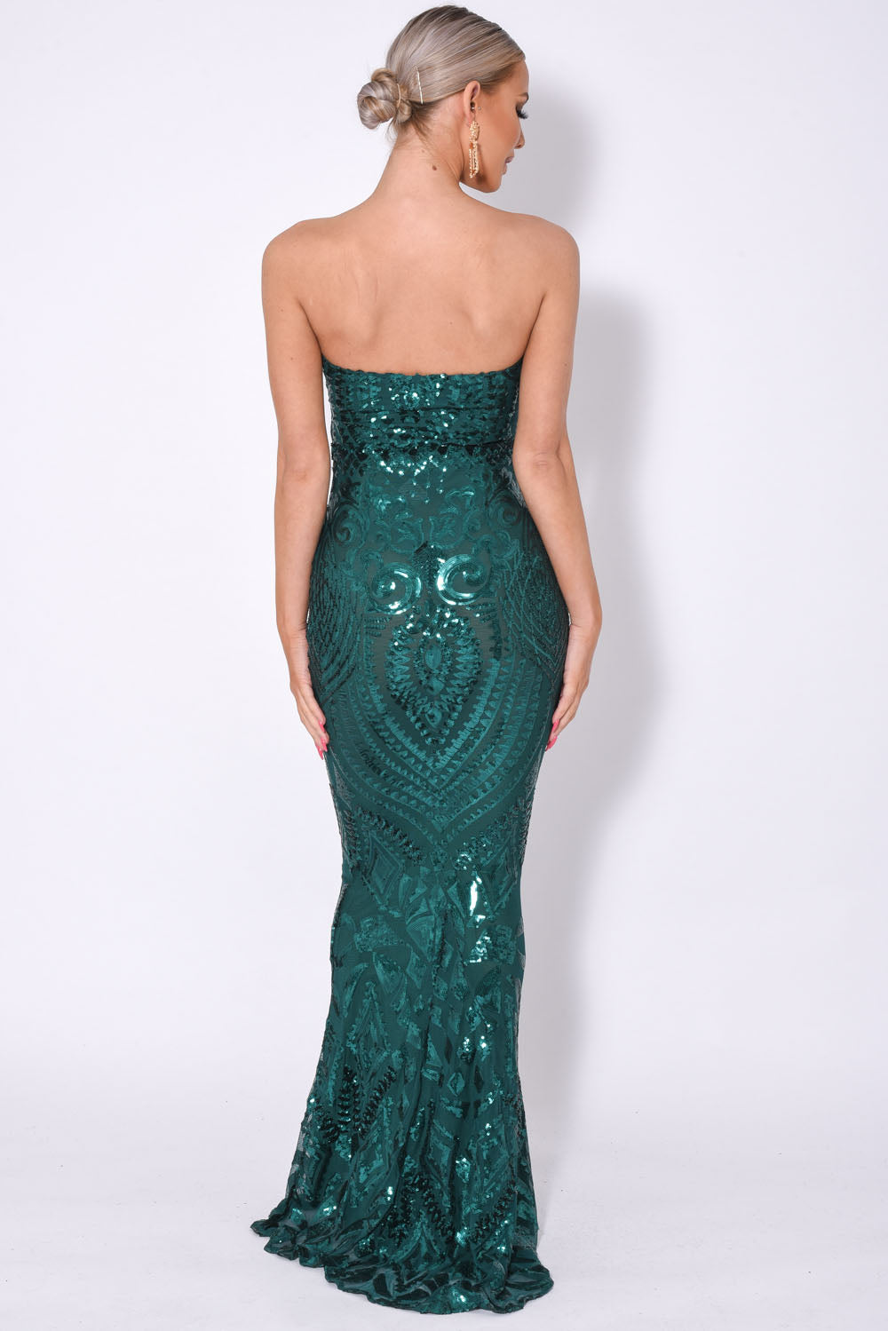 Kenza Green Luxe Sweetheart Plunge Sequin Embellished Fishtail Dress