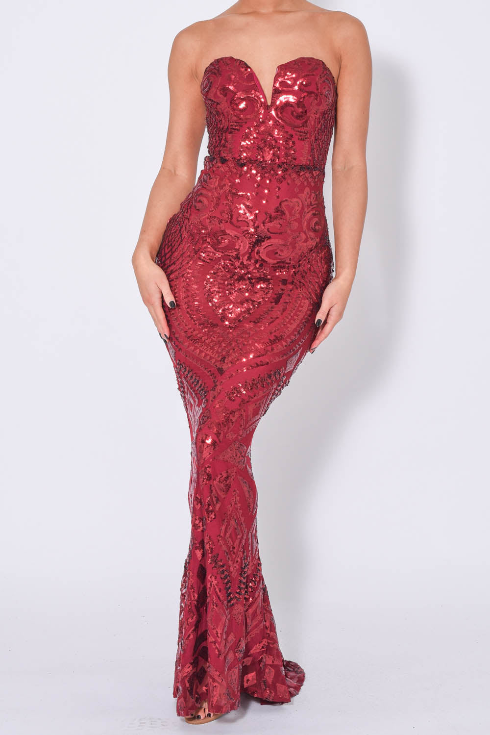 Kenza Berry Luxe Sweetheart Plunge Sequin Embellished Fishtail Dress